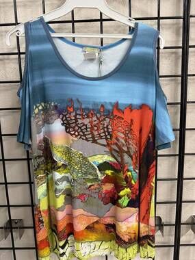 NEW DOLCEZZA women's peekaboo shoulder top in lime/orange/turquoise
